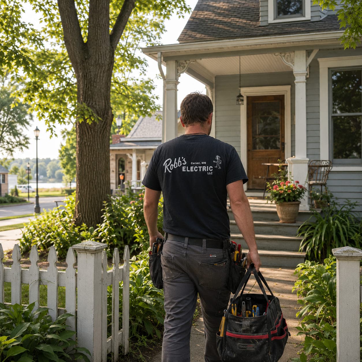 Robb's Electric technician carrying a tool bag up the walk of a historic river-town home in Carver, Minnesota
