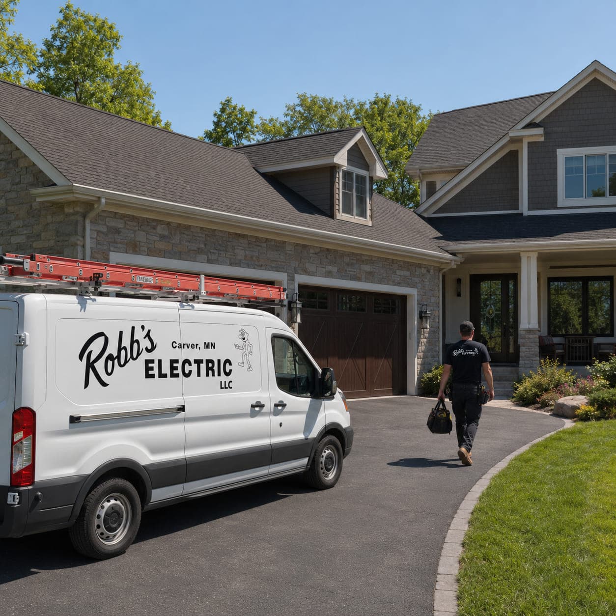 Robb's Electric van parked in the driveway of a stone-and-shake Chanhassen, Minnesota home as a technician walks to the door