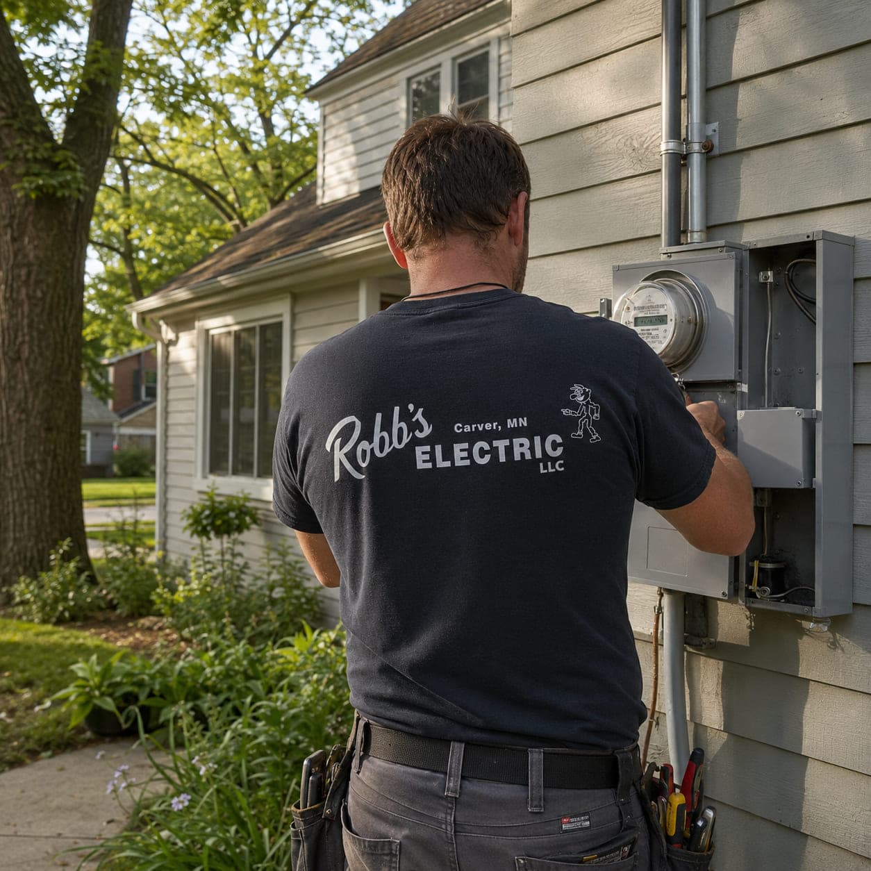 Robb's Electric technician working at the meter and service equipment on a mid-century Chaska, Minnesota home