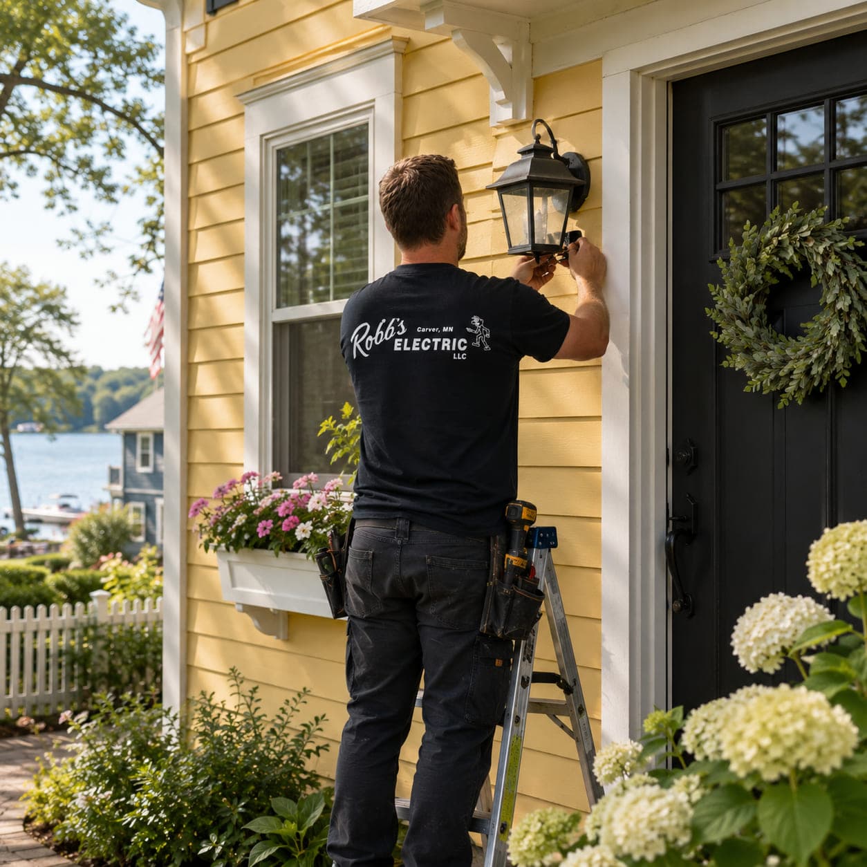 Robb's Electric technician servicing a porch lantern on a yellow lakeside cottage in Excelsior, Minnesota