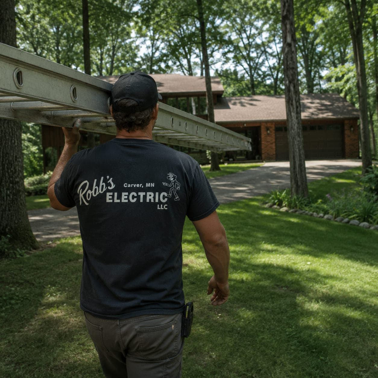 Robb's Electric technician carrying a ladder across the wooded lot of a contemporary Minnetonka, Minnesota home