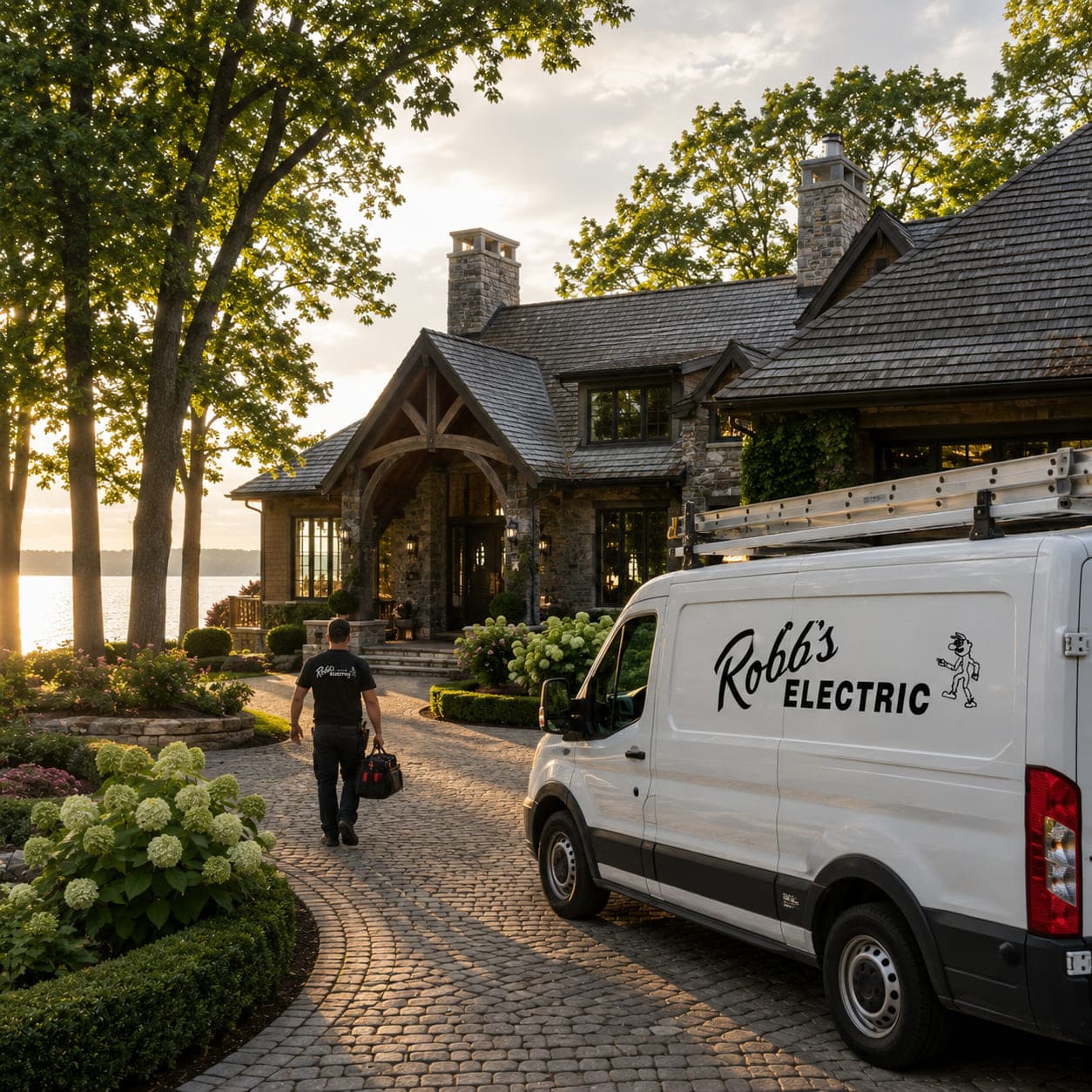 Robb's Electric van on the cobbled circle drive of a lakeside estate in Wayzata, Minnesota at golden hour