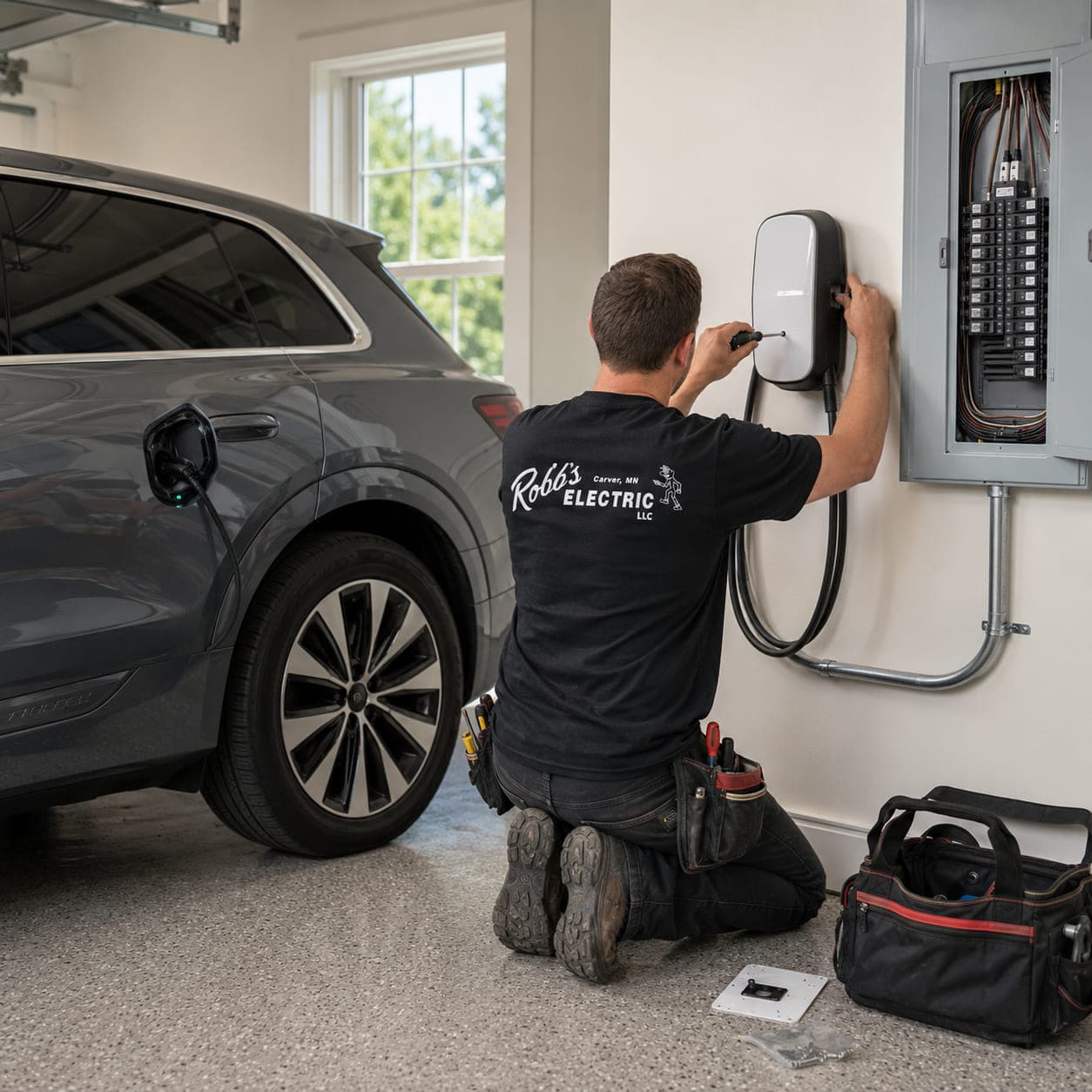 Robb's Electric technician installing a Level 2 EV charger in a home garage beside an open electrical panel