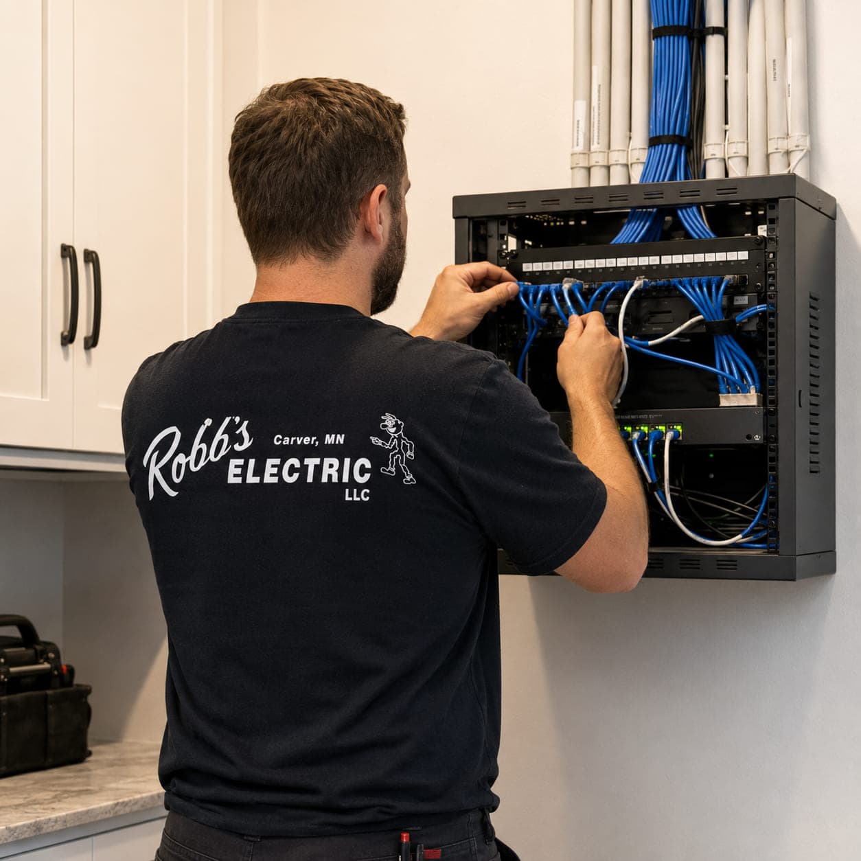 Robb's Electric technician terminating blue Cat6 cabling at a wall-mounted network rack and patch panel