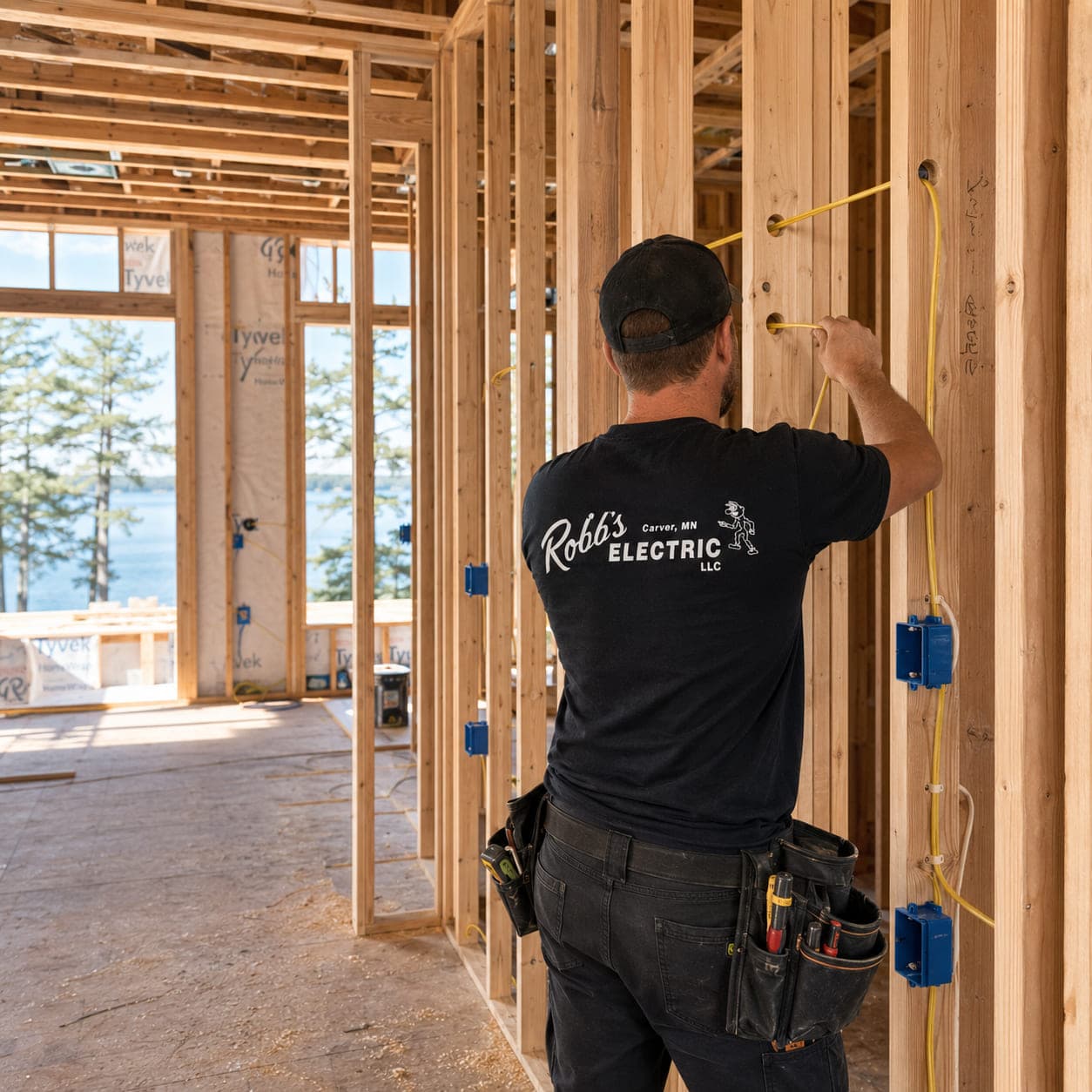 Robb's Electric technician running rough-in wiring through open framing in a lakeside custom home under construction