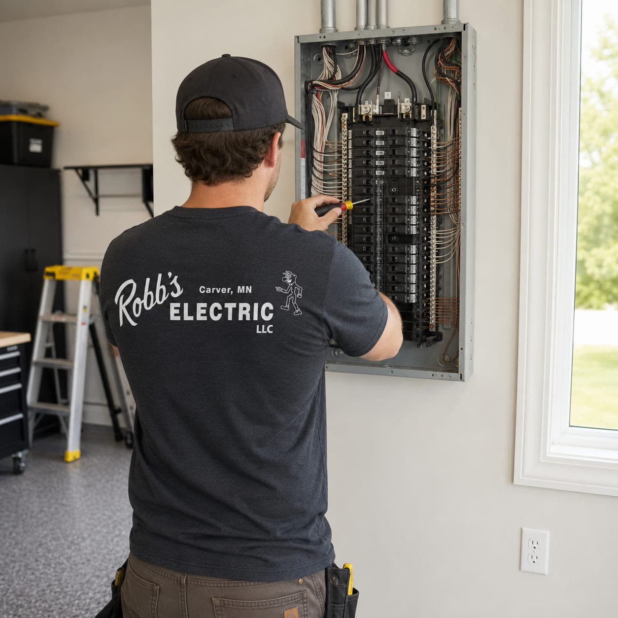 Robb's Electric technician working inside an open electrical panel in a clean residential garage