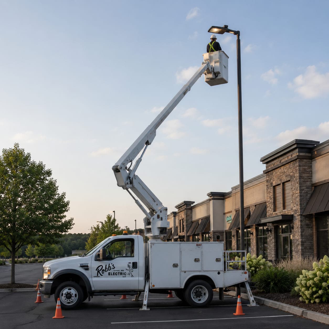 Robb's Electric bucket truck raised to a parking lot light pole at a retail strip center