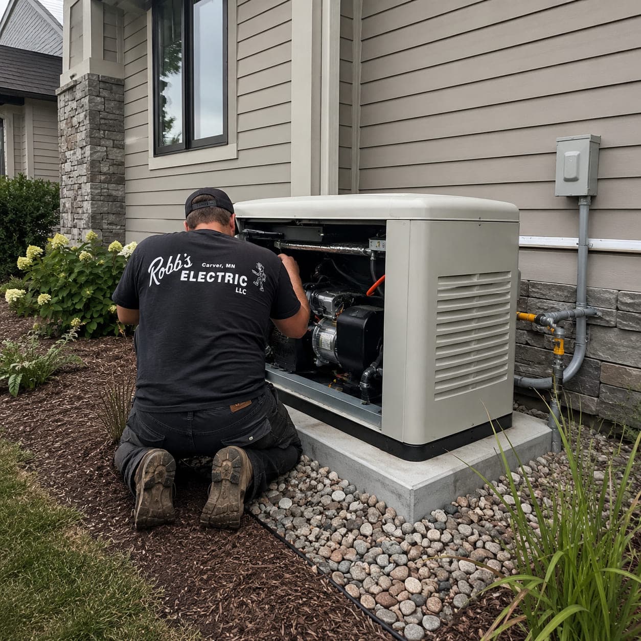 Robb's Electric technician servicing a whole-home standby generator on its pad beside a Twin Cities home