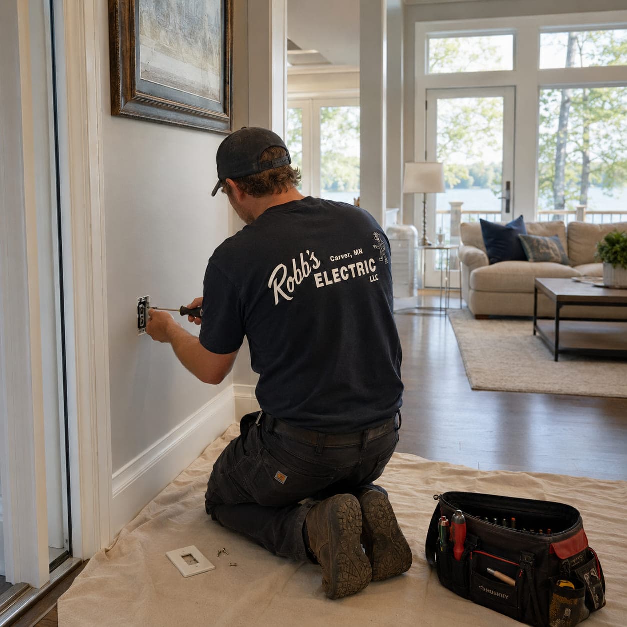 Robb's Electric technician replacing a wall switch in a lakeside Twin Cities living room, drop cloth down