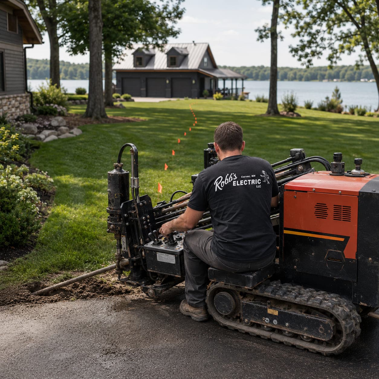 Robb's Electric technician operating a directional boring rig to run underground power to a lakeside carriage house
